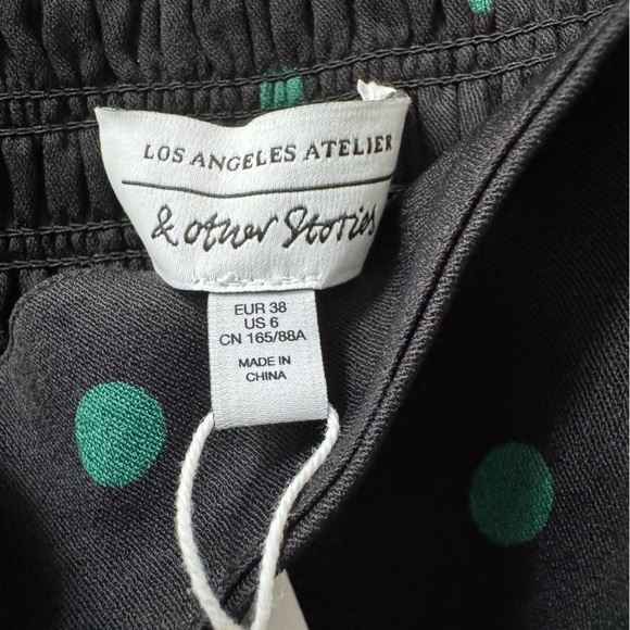 NWT & Other Stories Black Green Polka Dot Puff Sleeve Slit Midi Dress size 6 - Picture 8 of 10